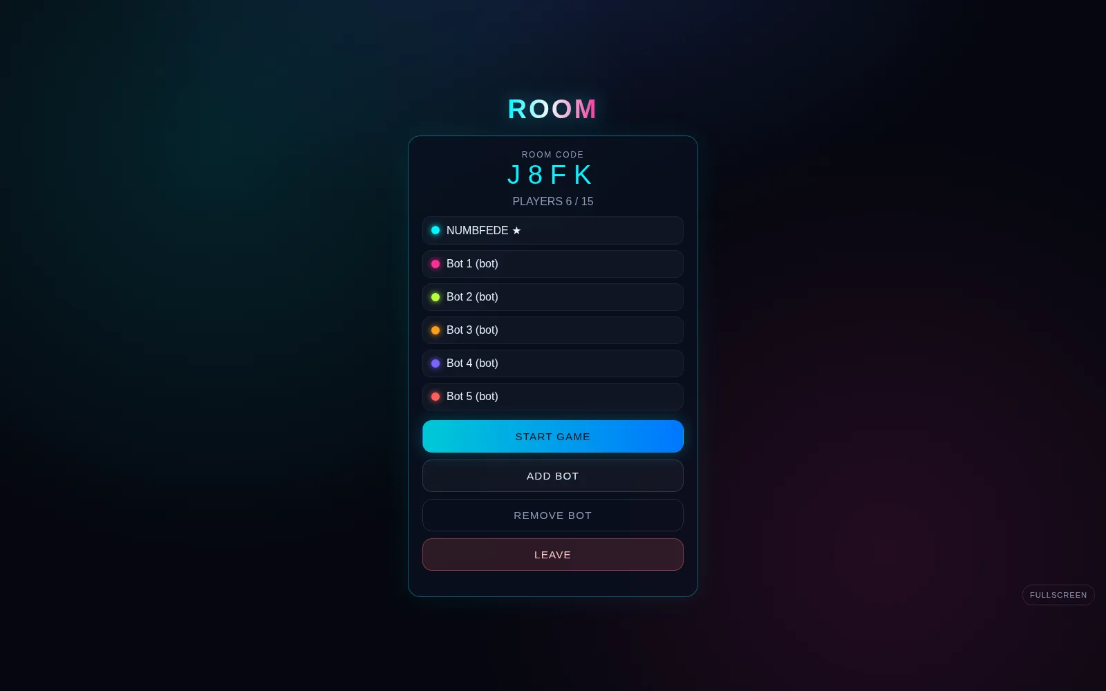 Stanza di gioco con codice d'invito e giocatori