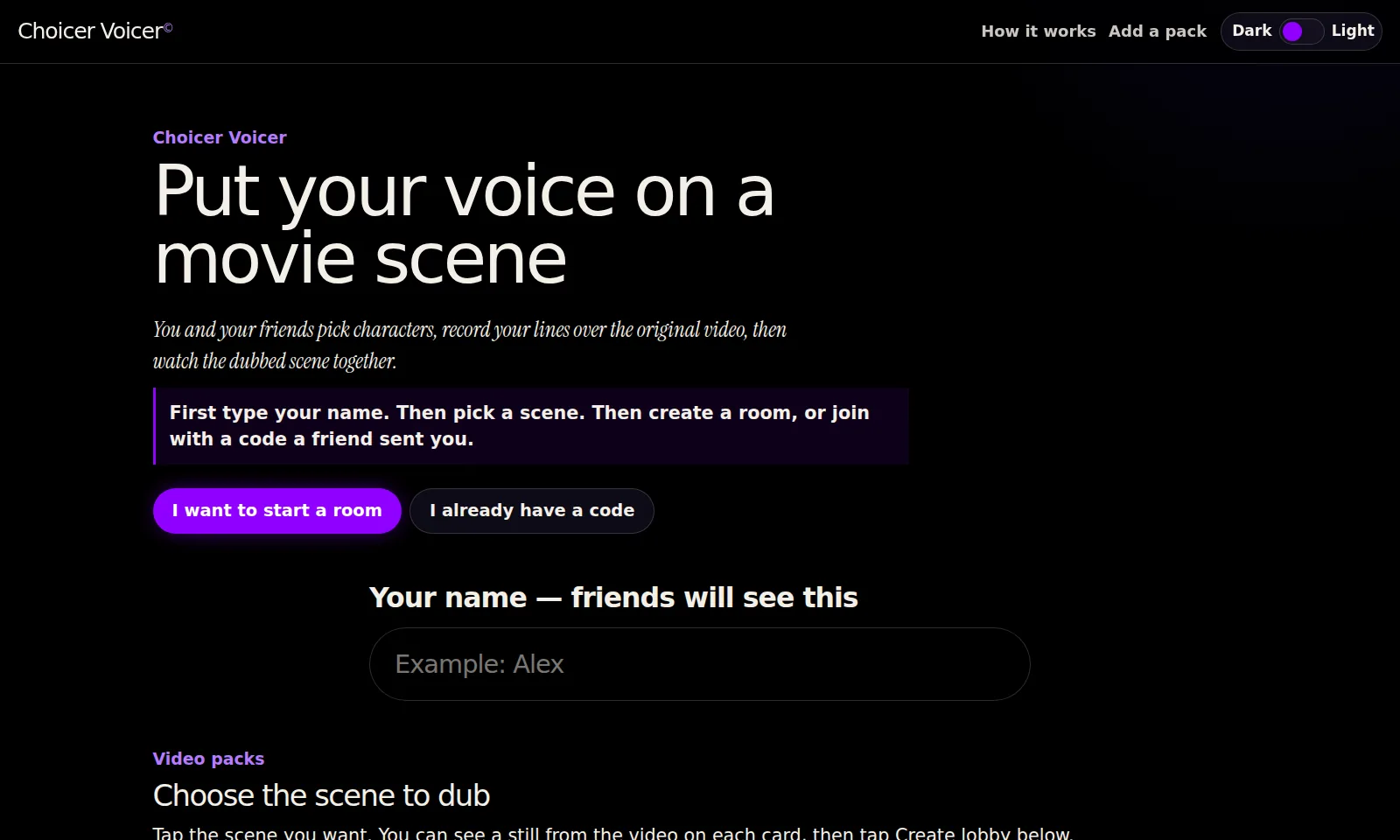 Home di Choicer Voicer: scegli il nome e la scena