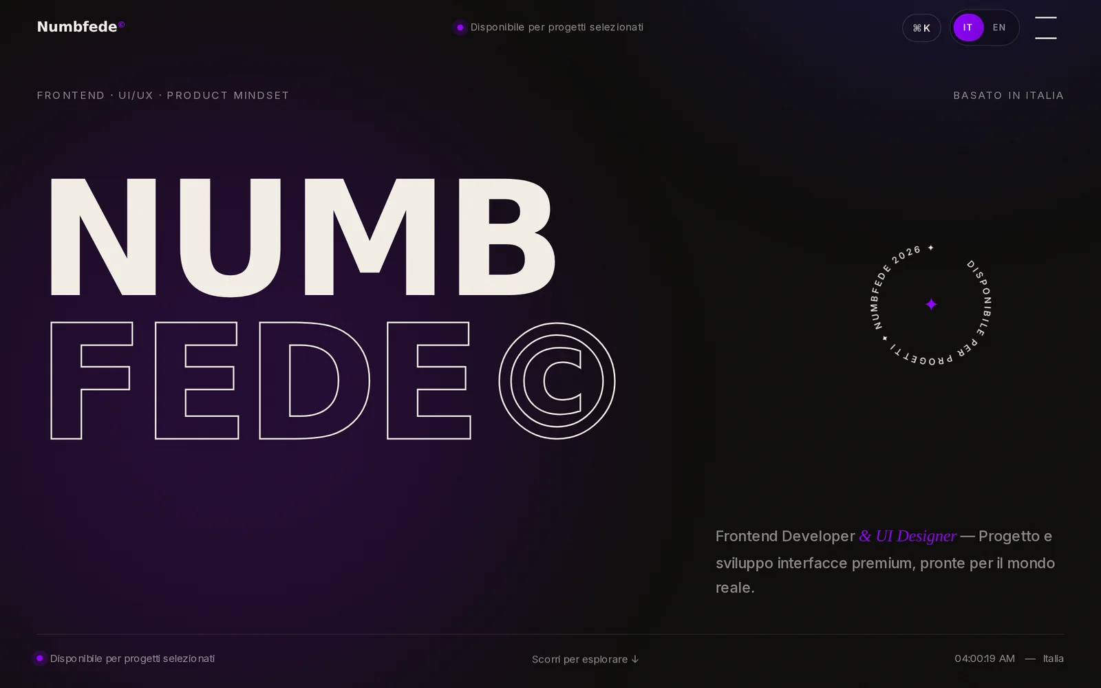 Home di NumbfedeOS — hero editoriale NUMB/FEDE