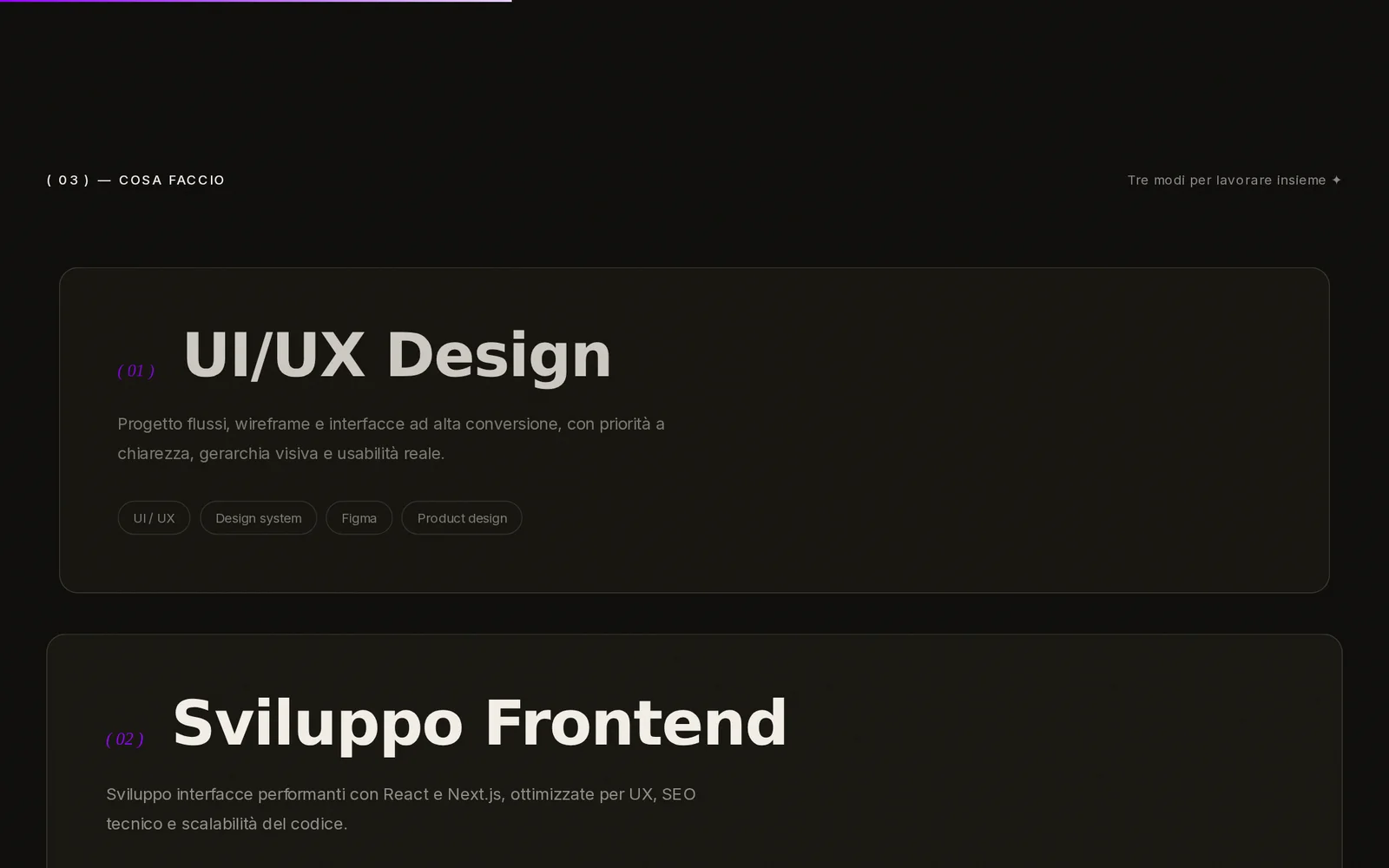 Sezione servizi con cambio tema chiaro allo scroll