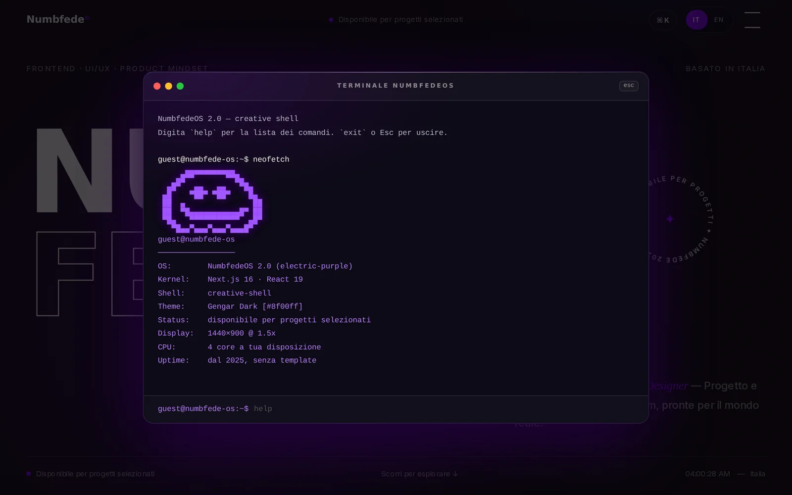 Terminale interattivo NumbfedeOS con neofetch