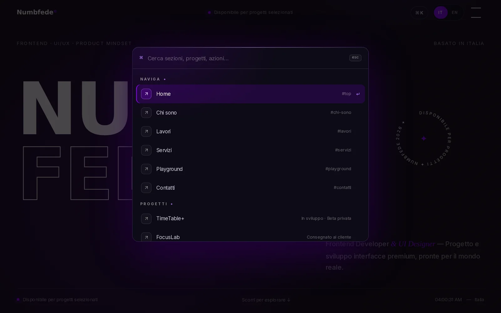 Command palette ⌘K per navigare il sito