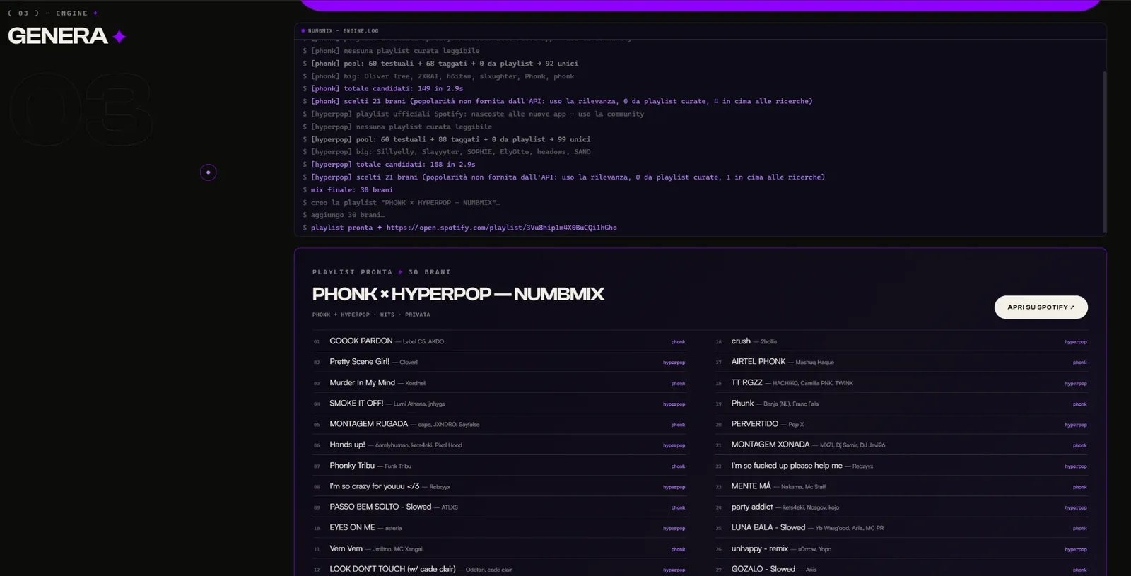 Engine log in tempo reale e playlist pronta su Spotify